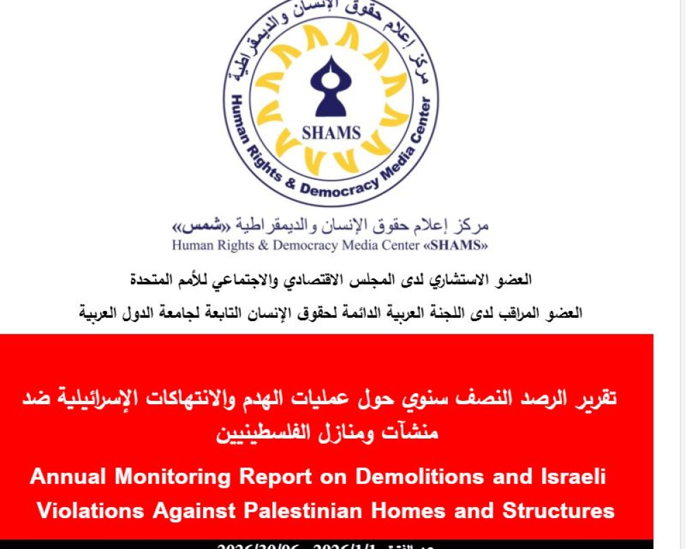 تقرير لمركز "شمس" يكشف تصاعد الحرب الإسرائيلية على السكن والوجود الفلسطيني