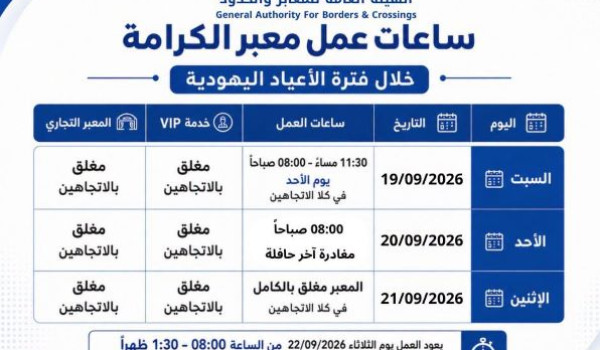 تعديل ساعات عمل معبر الكرامة خلال الأعيا...