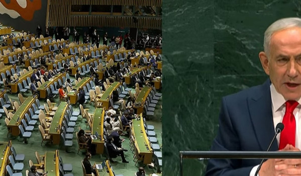 Dozens of delegates walk out as Netanyah...